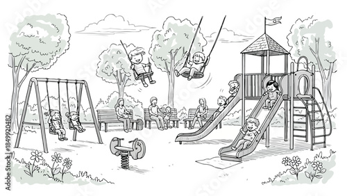 Children playing on a public park playground vector sketch illustration