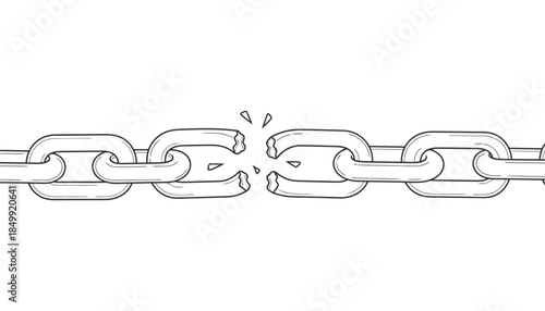 A broken chain link on a metal chain against a white background