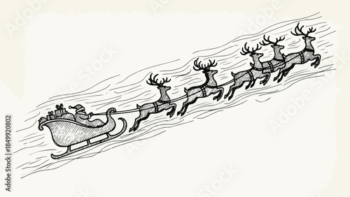 Minimalist santa claus sleigh with reindeer silhouette vector sketch