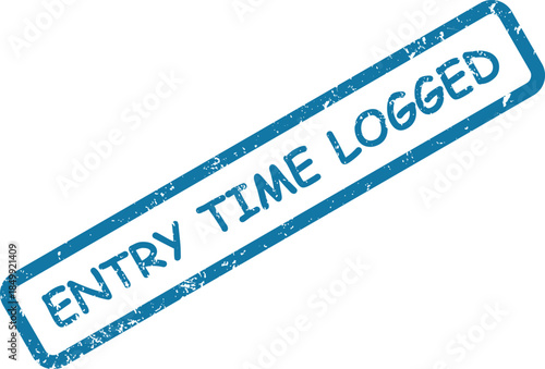 Distinctive blue rubber stamp clearly indicating ENTRY TIME LOGGED on a simple white studio background