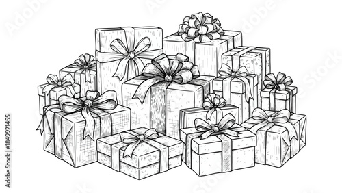 Huge pile of wrapped gift boxes with ribbons and bows vector sketch