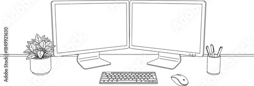 Minimalist black and white line art drawing of a dual monitor computer setup with desk accessories for modern office work