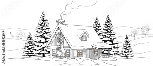 Cozy winter cabin nestled in a snowy landscape with smoke gently rising from the stone chimney illustrates peaceful retreat
