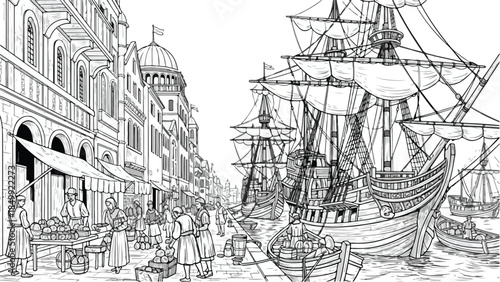 Historical harbor with vintage sailing ships and busy market vector sketch