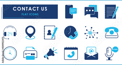 A set of flat icons related to Contact Us. Phone, message, microphone, fax, internet, mail, and so on.