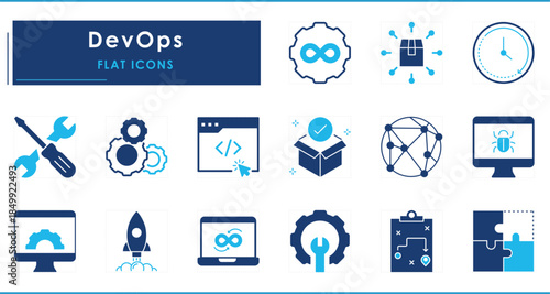 A set of flat icons related to DevOps. Developer and operations. Gear, computer, clock, digital, bugs, infinite, tools, and so on.