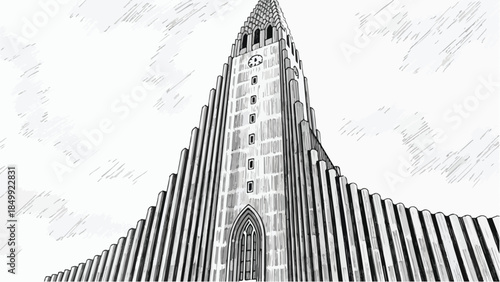 Hallgrimskirkja church architecture landmark in reykjavik iceland vector sketch