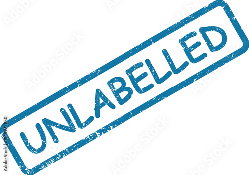 This distinct blue rubber stamp showcases the word UNLABELLED on a clean, isolated white background