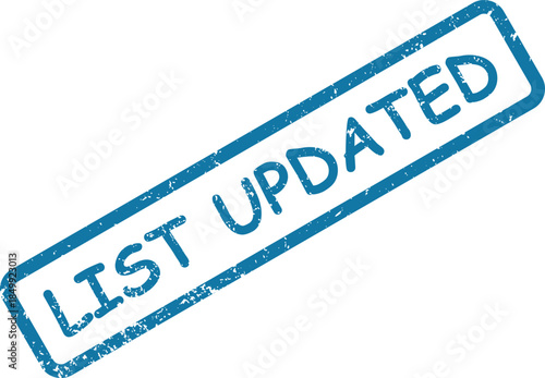 This image features a textured blue list updated message within a rectangular grunge rubber stamp on white