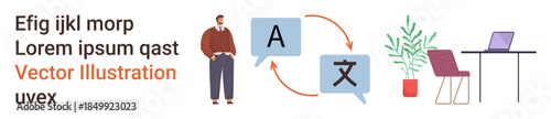 Language translation, global communication, remote work, online learning, collaboration, technology. Person next to speech bubbles, arrows desk chair and plant. Language translation and global
