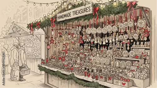Traditional christmas market stall with ornaments and decorations sketch