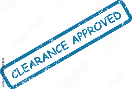 Vivid blue rubber stamp effect text clearly displaying CLEARANCE APPROVED on a bright white surface