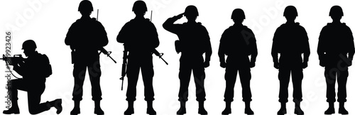 Soldier, military, silhouette, army, rifle, salute, gear, helmet, uniform, pose, discipline, vector, illustration, flat, drawing, cad, concept, black, white, defense