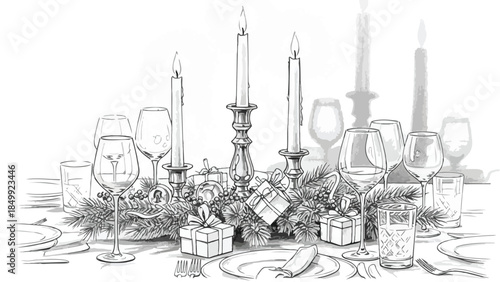 Elegant dinner table setting with candles and christmas decorations sketch