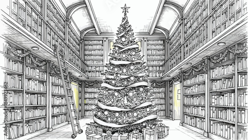 Grand library interior with a large christmas tree in the middle sketch