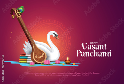 Vector illustration of happy Vasant Panchami puja of India. Creative design for banner, poster, card.