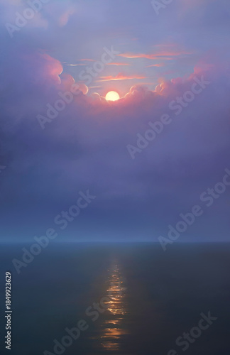 drawing of sunset in clouds and sea with reflections on water