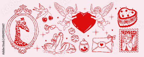 	
Hand-drawn Valentine illustration set with Cupid angels, bows, hearts, doves, giraffe, love letters, swan and dices. Romantic vintage sketch style for cards, stickers and holiday designs