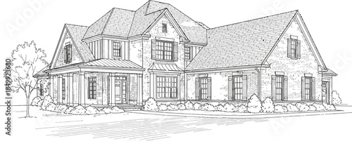 Detailed architectural line drawing sketch of a large traditional two story brick home with multiple gables and a welcoming front porch