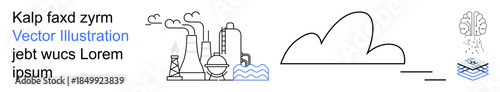 Environmental impact, climate change, air pollution, sustainability, factory emissions, energy awareness. Factory emitting smoke, cloud outline brain and water icon. Environmental impact and climate