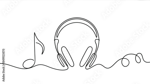 Minimalist line art illustration of headphones and a musical note