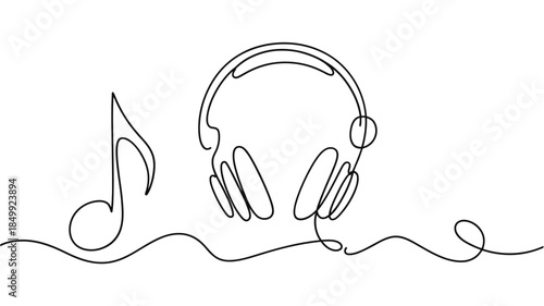 Continuous line drawing of headphones and a musical note minimalist design