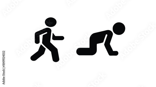 Simple stick figures depict a person running and another falling over