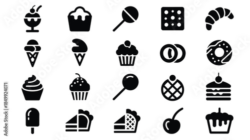 Collection of black silhouette icons depicting various sweet desserts and treats