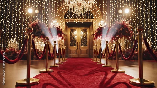 Red carpet entrance leading to elegant doors with stanchions, shining lights, and floral decorations for luxurious event.