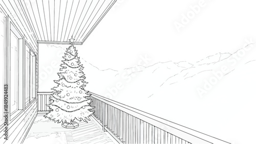 Minimalist balcony view of winter mountains and christmas tree vector sketch