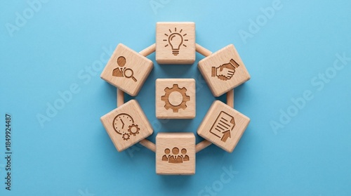Business Wooden Cubes Setting, Setup Icons Representing Strategy, Innovation, Partnership, Workflow, Planning, Teamwork and Process and Time Management Concept.