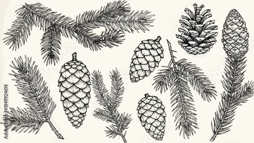 Collection of botanical pine branches and cones set vector sketch illustration