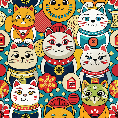 Japanese Maneki-neko lucky cat seamless pattern. Traditional oriental fortune cat wallpaper for Lunar New Year and textile.