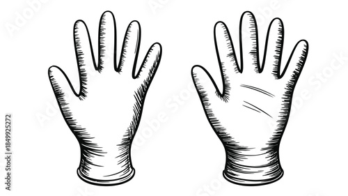A pair of sketched gloves displayed with palms facing upwards in black and white