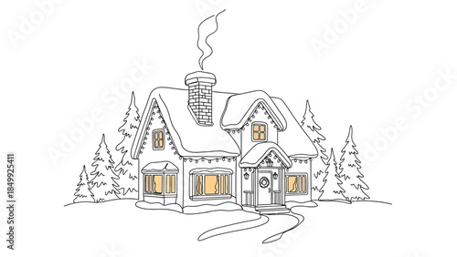 snowy house with christmas lights and pine trees