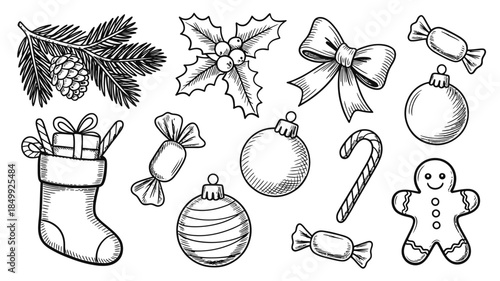 Festive christmas elements holly ornaments candies and a cozy winter sock