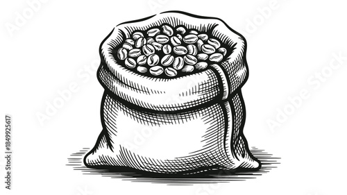 Vintage sketch of a burlap sack overflowing with roasted coffee beans