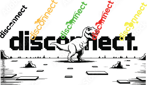 T-Rex dinosaur with disconnected network cables in minimalist black and white illustration for tech