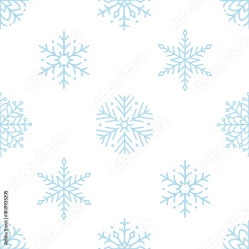 Seamless pattern with cute minimalistic snowflakes. Festive winter holiday design for Christmas, New Year. Perfect for banner, wallpaper, wrapping paper, background, card, poster. Vector illustration