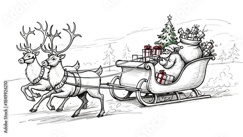 Santa claus riding a sleigh full of gifts pulled by reindeer sketch