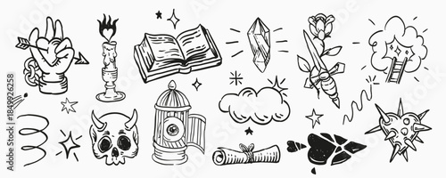 Hand Drawn Mystical Doodle Icon Set with Occult Symbols, Magic Objects, Skull, Dagger, Crystal, Book and Spiritual Elements.
