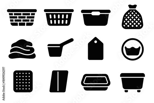 Carry stabilizer laundry basket disc set vector folding tag care vents icon