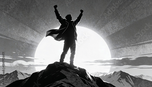 Silhouette of a Person Celebrating Success Against a Mountain Backdrop