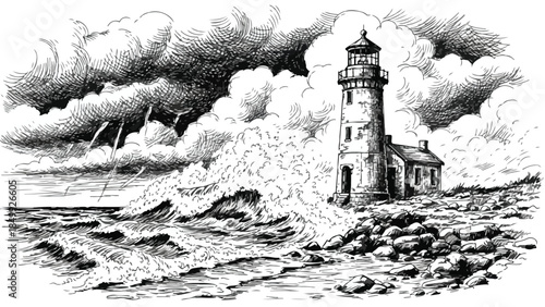 Lighthouse on a rocky coast during a stormy sea with large waves sketch