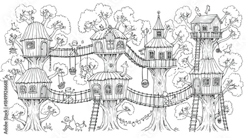 Intricate treehouse village in a dense magical forest vector sketch
