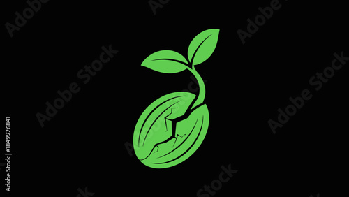 Green Sprouting Seed Illustration on Black Background.