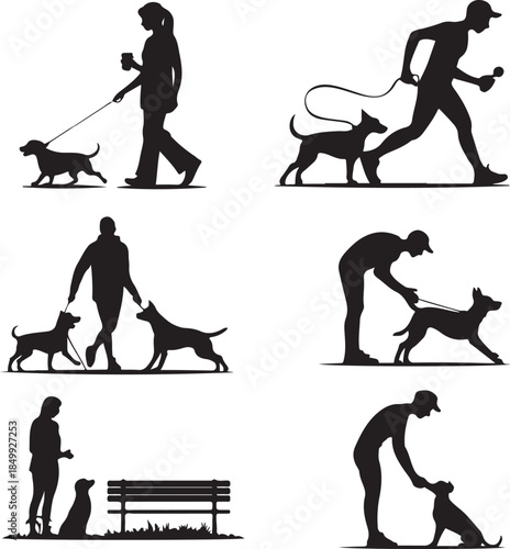 Dog Walking Silhouette Icon Set