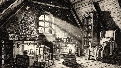 Cozy attic room interior with christmas tree and snowy window sketch