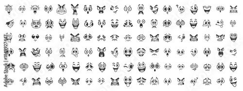 Cute Character Face Icons, Line Art Drawing of Animated Expressions, Emotional Set