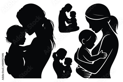 Black silhouette mother holding baby embracing tenderly